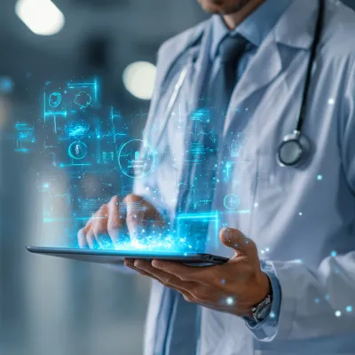 Doctor using a tablet in a modern private clinic