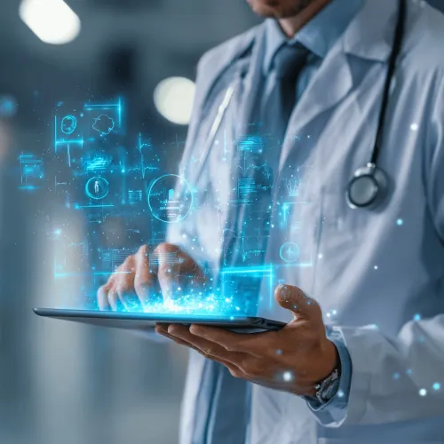 Doctor using a tablet with AI health information in a modern private clinic